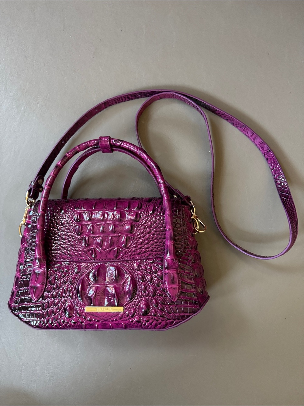 New Brahmin Dark Purple Croc-Embossed Leather Top Handle Crossbody Purse